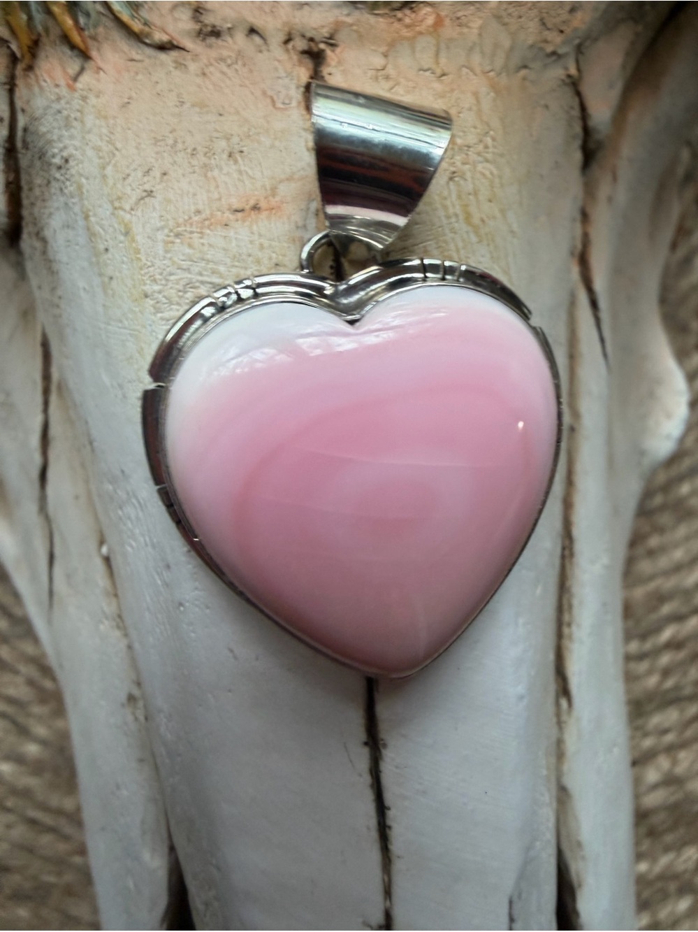 Heart Pendant Necklace with Pink Conch Stone Sterling Silver Navajo